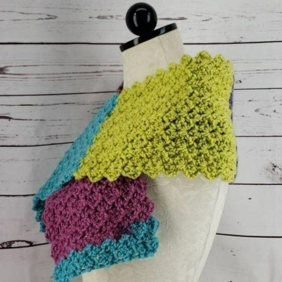 Handmade Kids Girls Block Style Colored Scalloped Edge Scarf Wrap - Picture 4 of 8